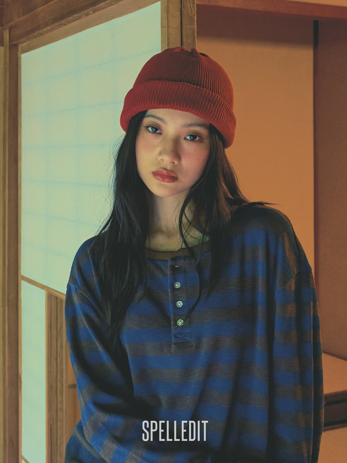 Stripe Henley neck long sleeves tee