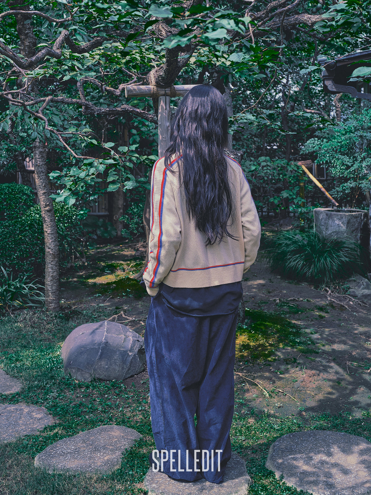 Stripe contrasted corduroy pants