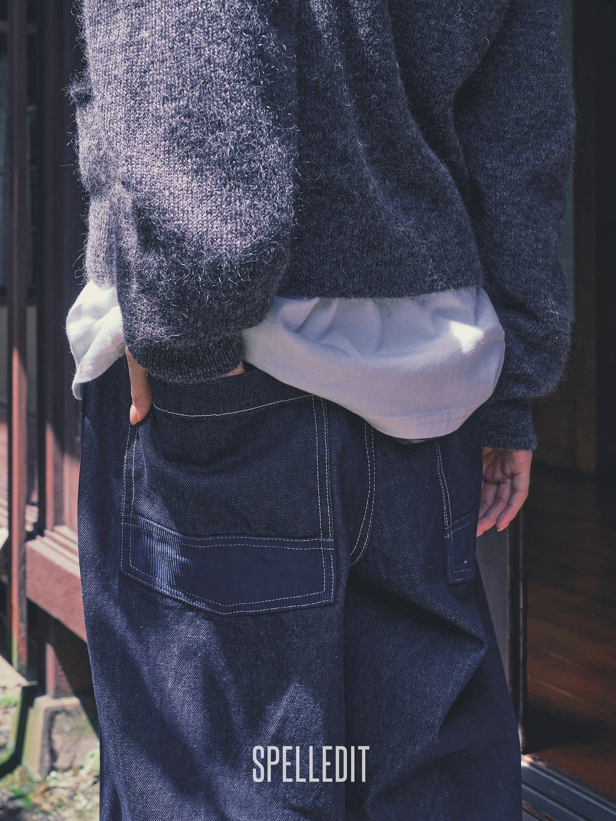 Corduroy contrast detailed Raw denim pants