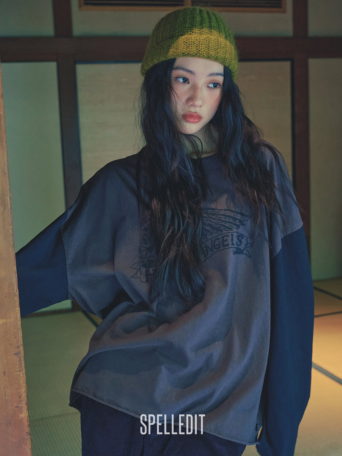 Hell-Angel printed color contrast long sleeves tee