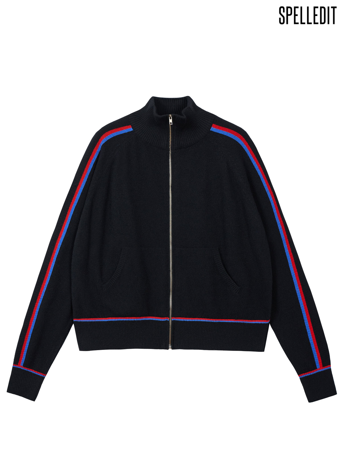 Sleeve contrasted high-ncek zip up sweater