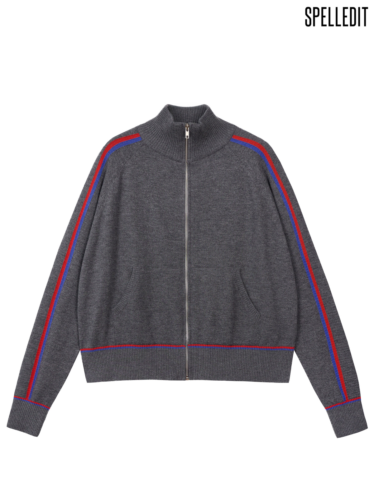 Sleeve contrasted high-ncek zip up sweater
