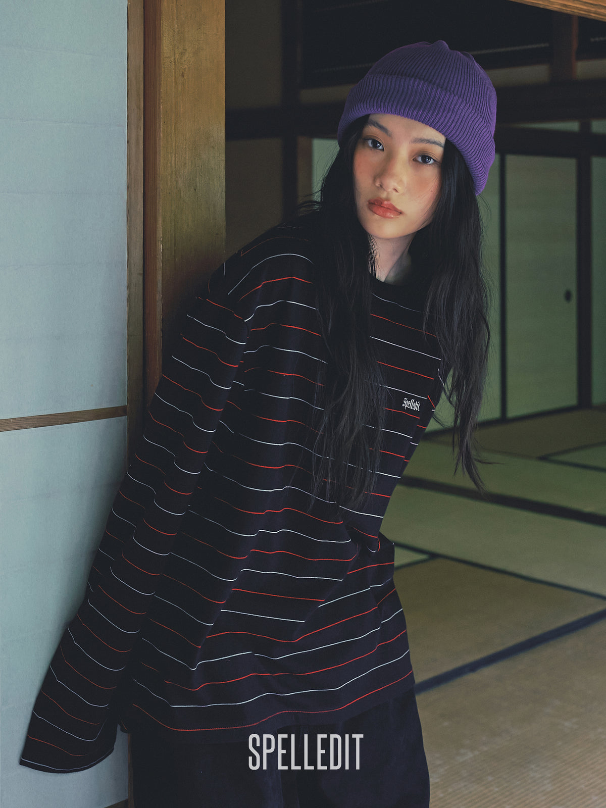 Logo embroidery striped long sleeves tee