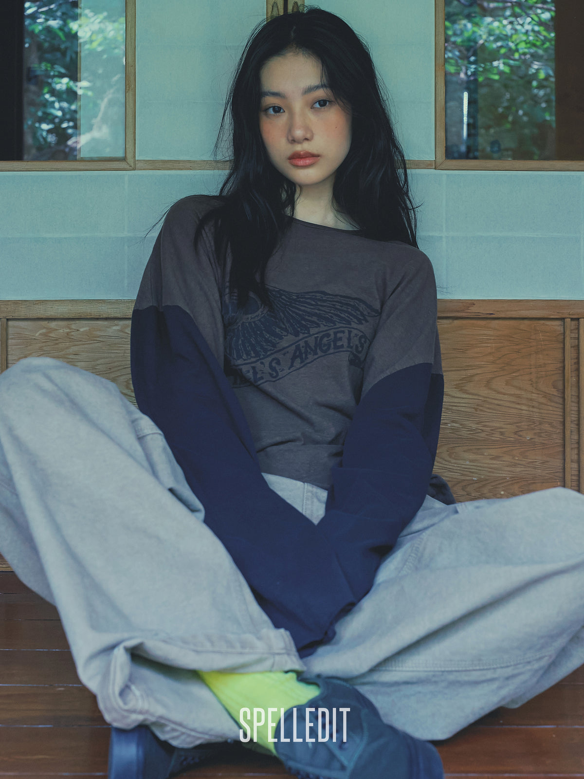 Hell-Angel printed color contrast long sleeves tee