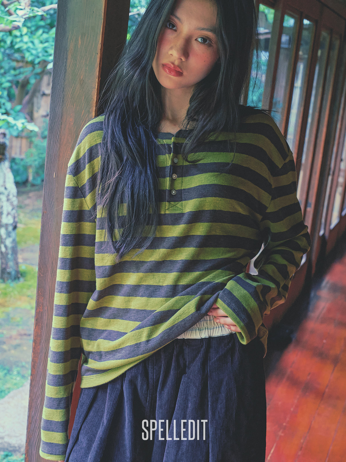 Stripe Henley neck long sleeves tee