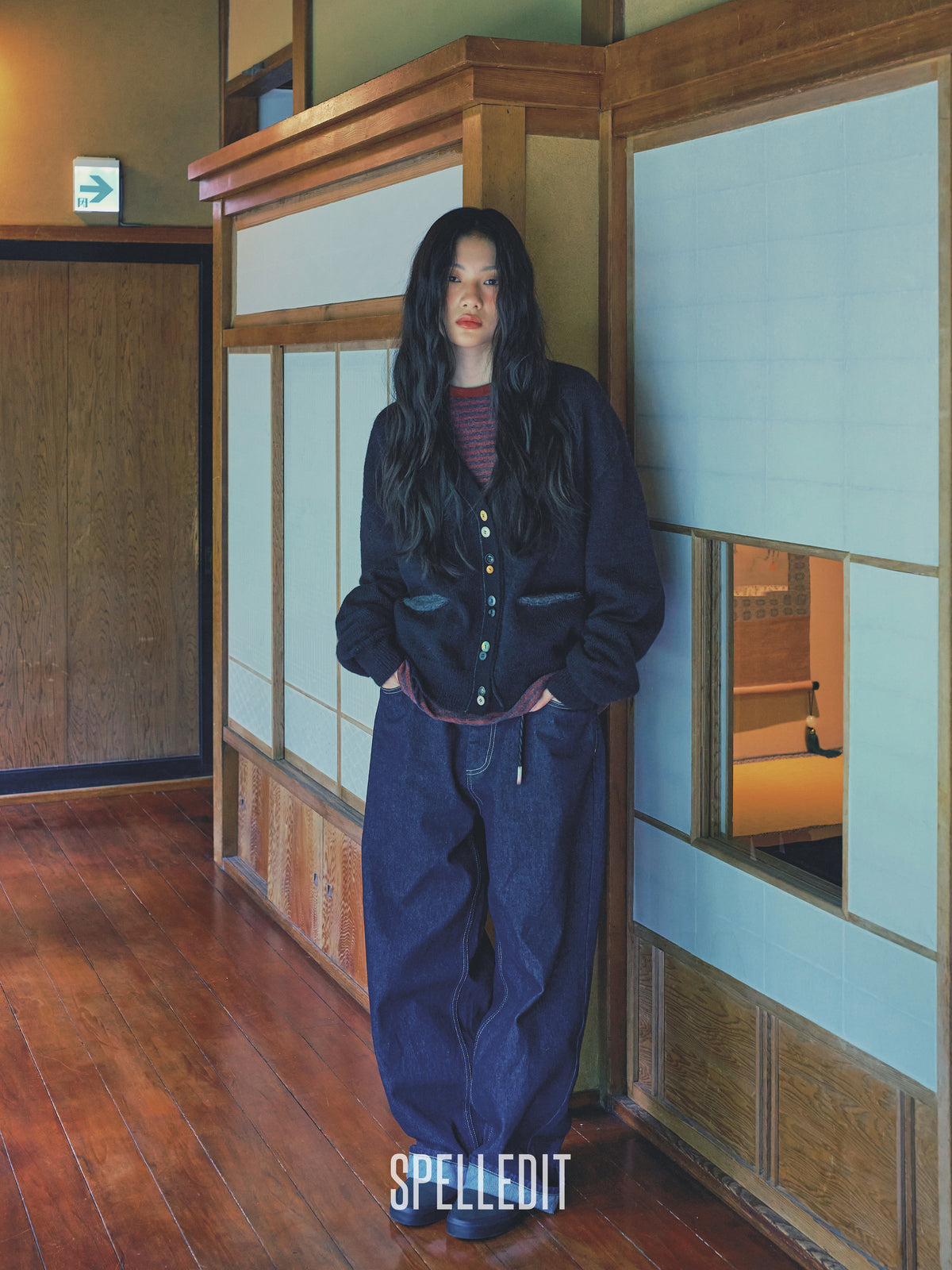 Corduroy contrast detailed Raw denim pants