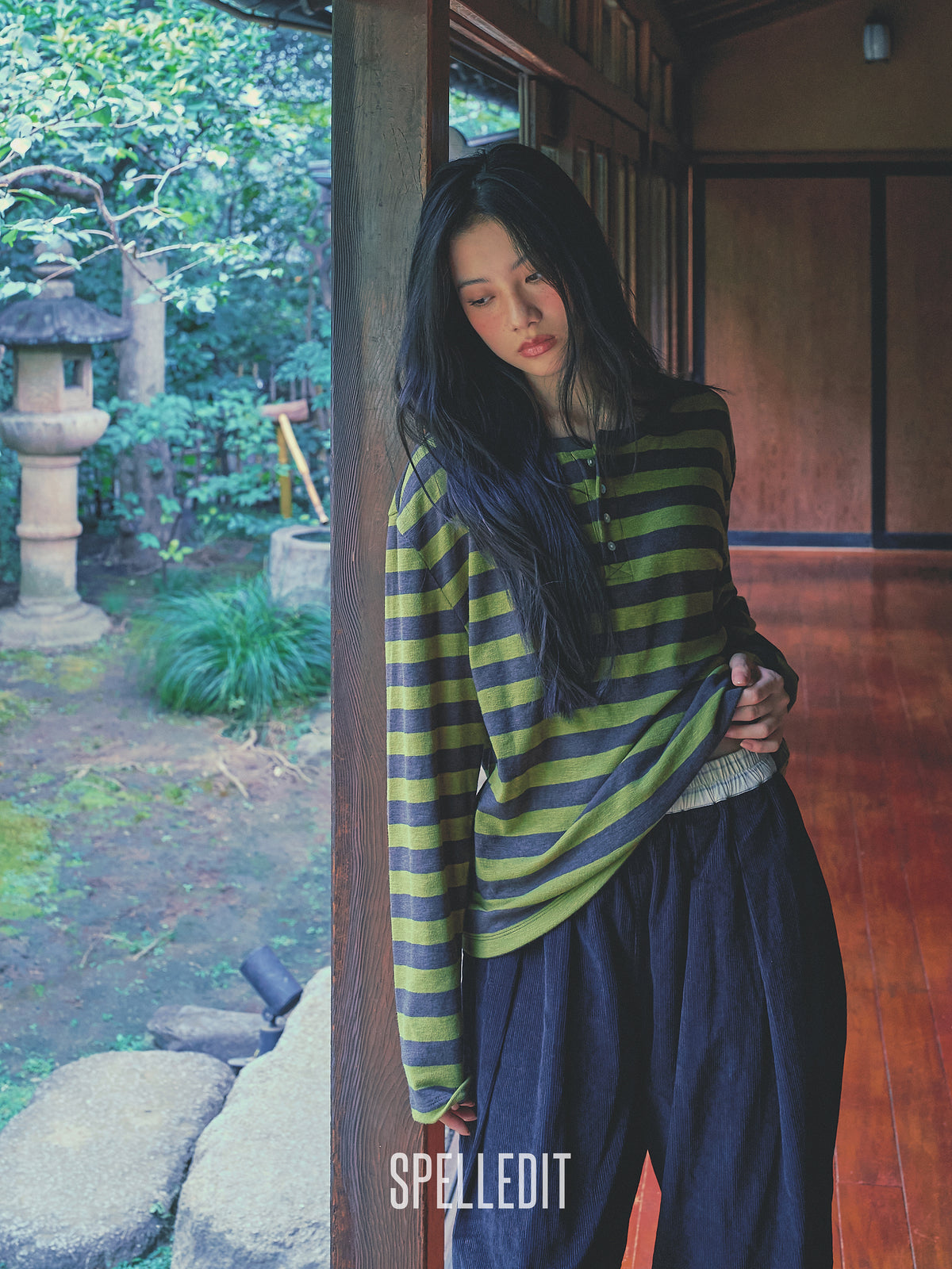 Stripe Henley neck long sleeves tee