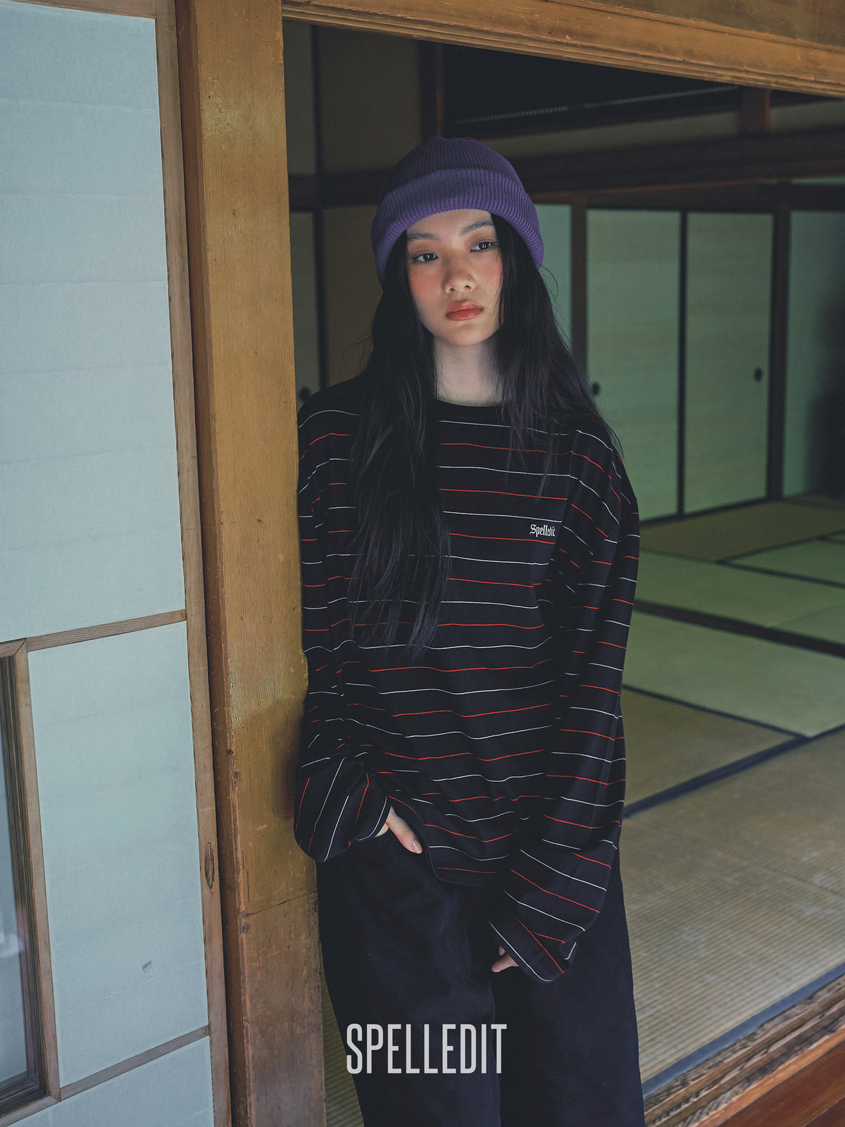Logo embroidery striped long sleeves tee