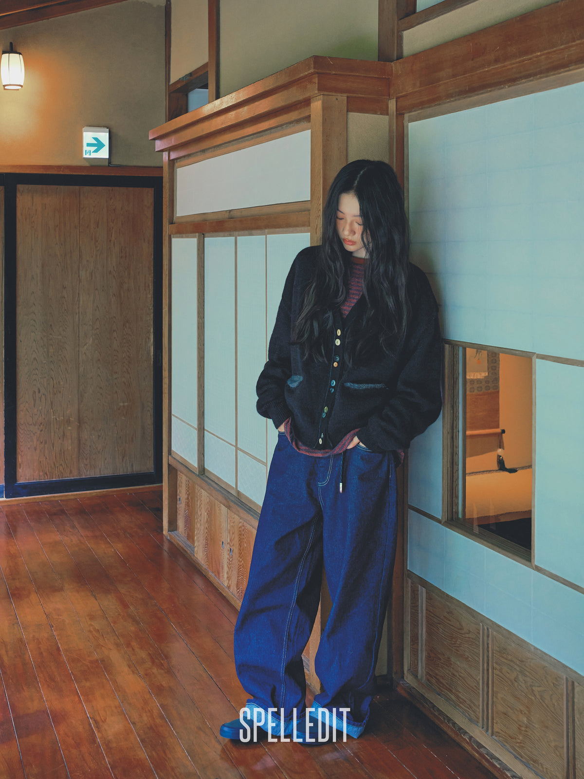 Corduroy contrast detailed Raw denim pants