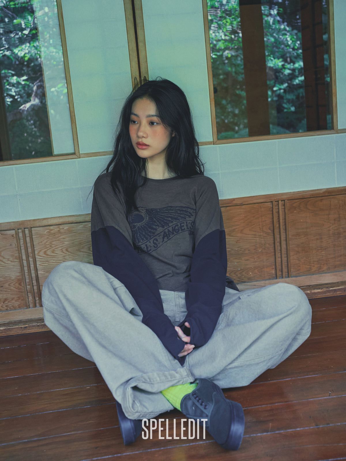 Hell-Angel printed color contrast long sleeves tee