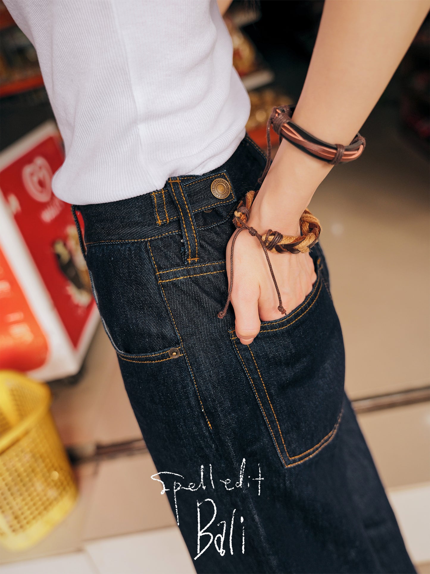 SNAP DETAIL WIDE DENIM PANTS