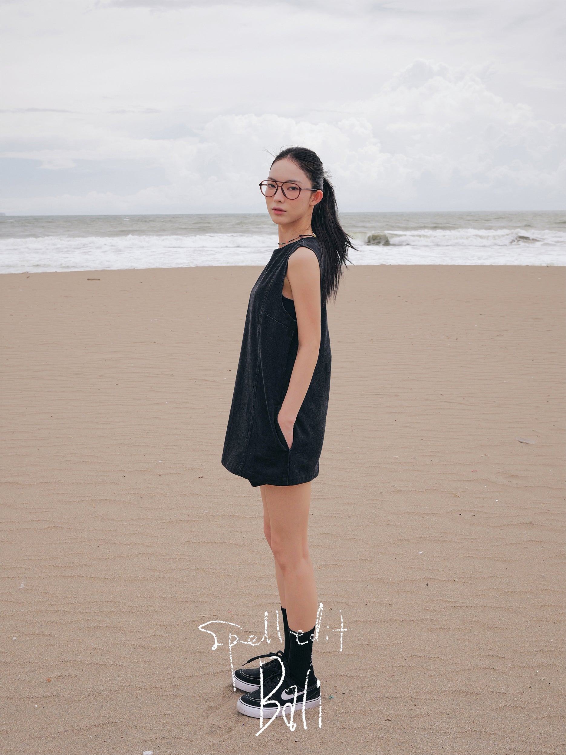 BLACK DENIM PANEL DRESS