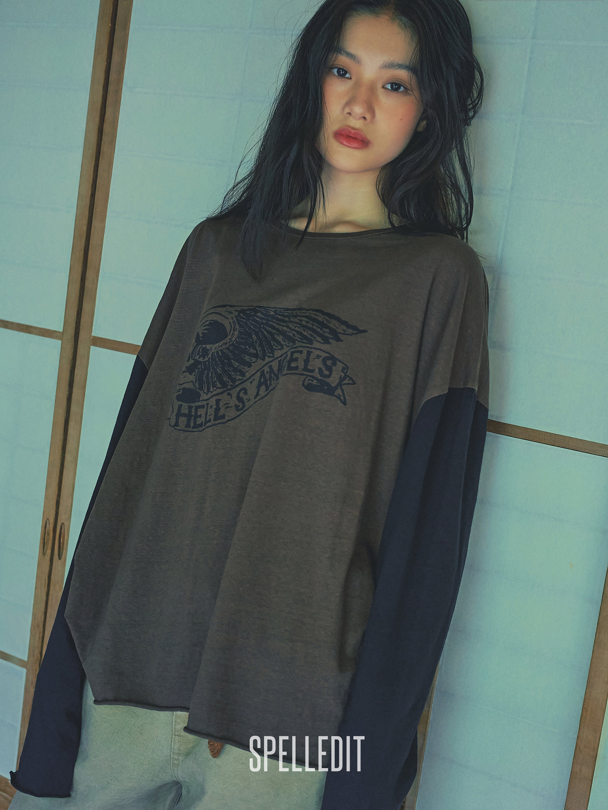Hell-Angel printed color contrast long sleeves tee