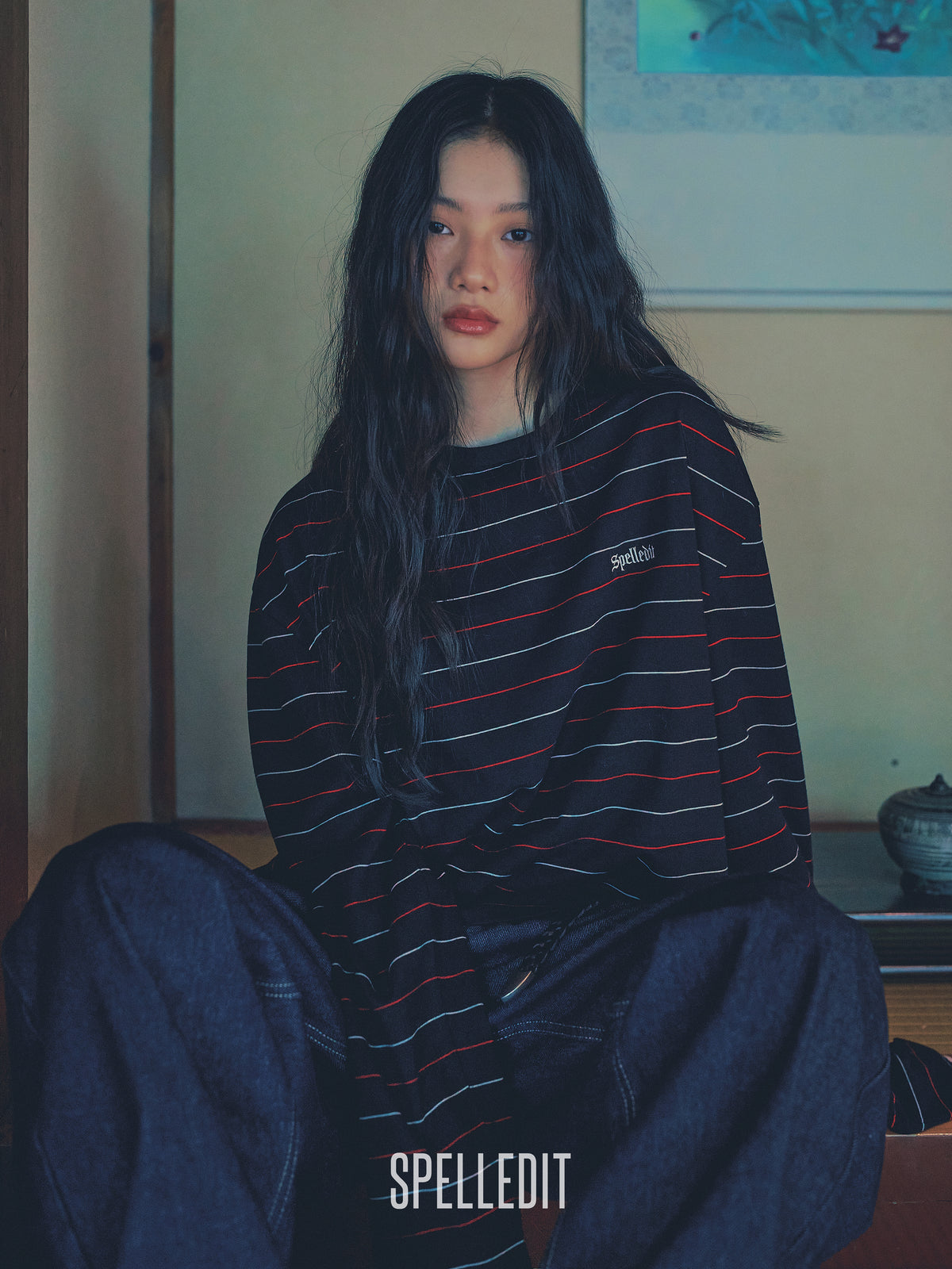 Logo embroidery striped long sleeves tee