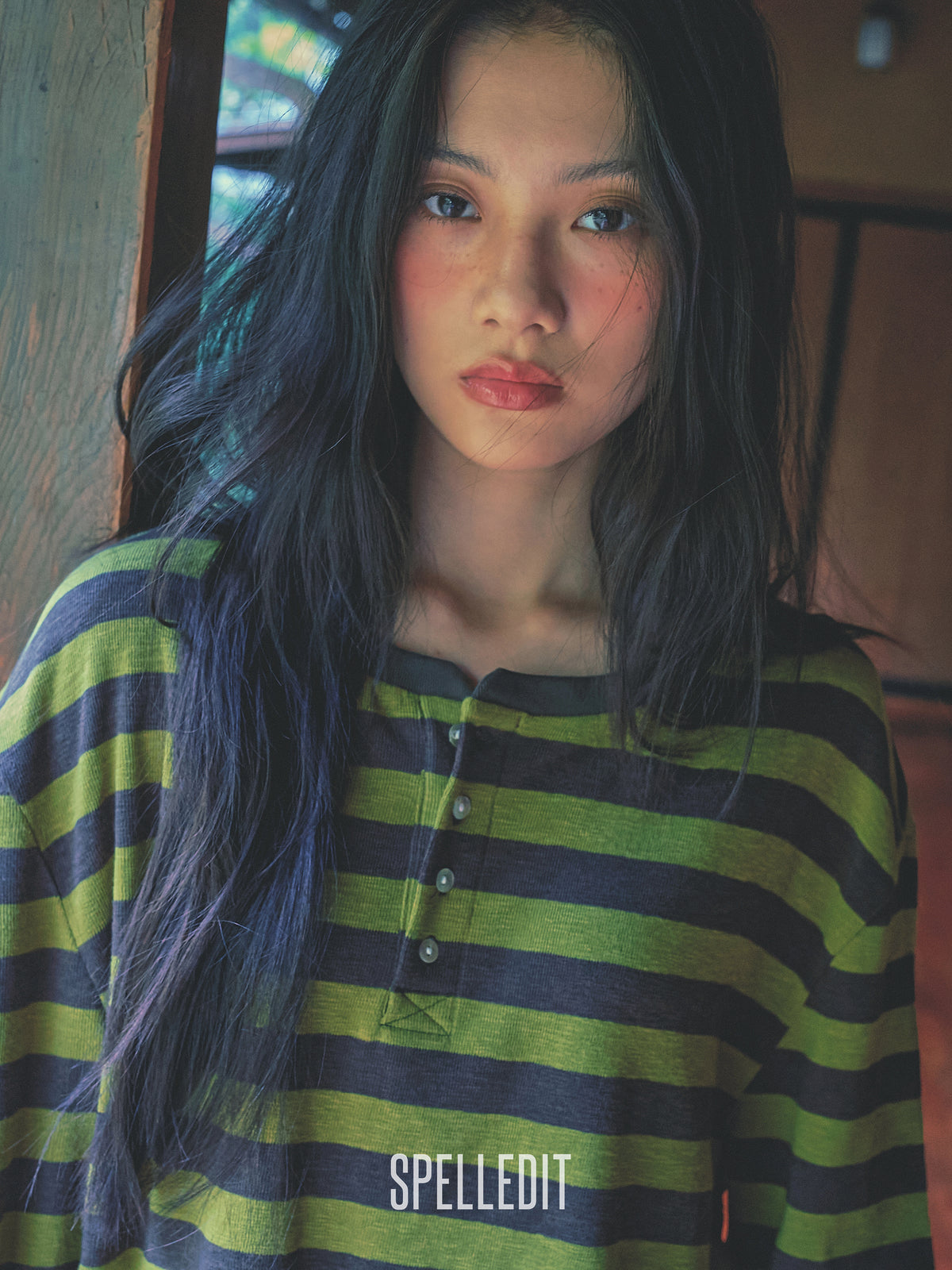 Stripe Henley neck long sleeves tee