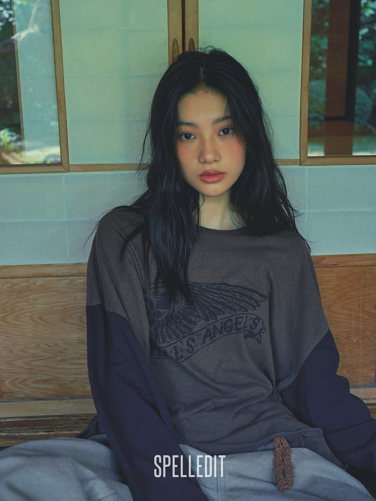 Hell-Angel printed color contrast long sleeves tee