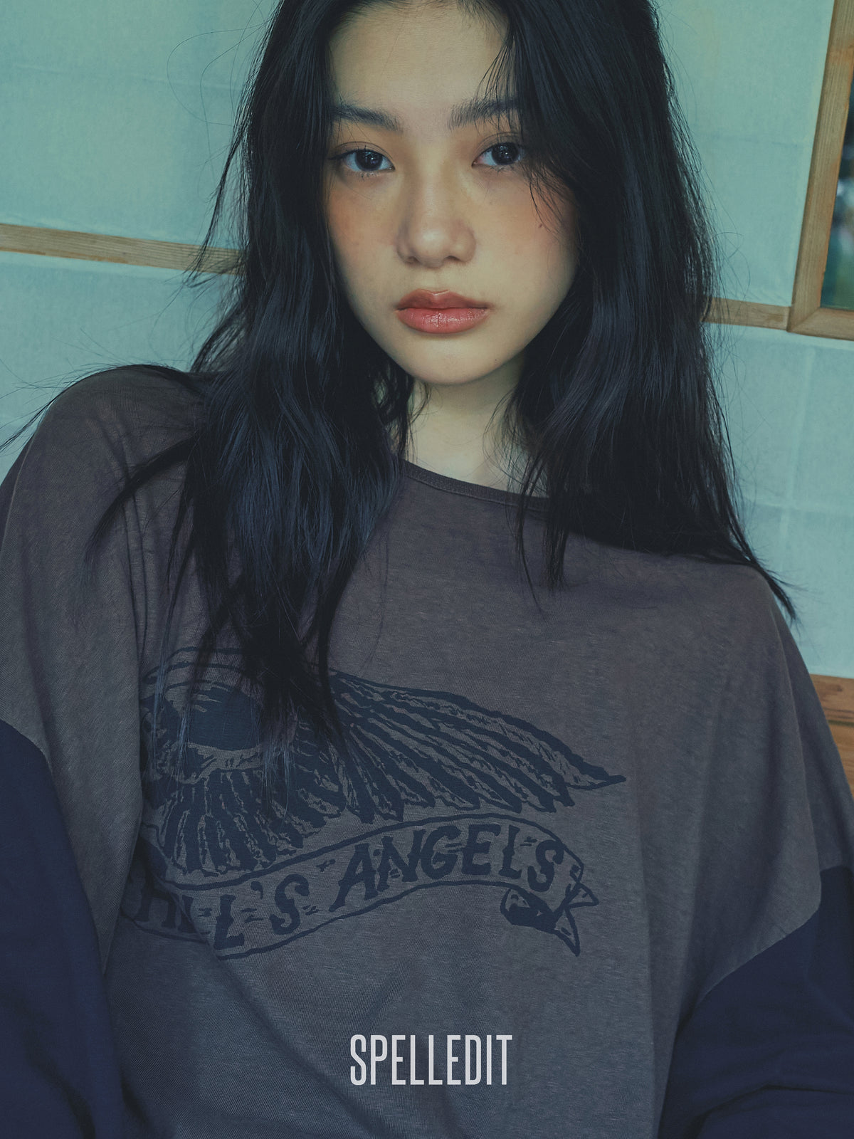 Hell-Angel printed color contrast long sleeves tee