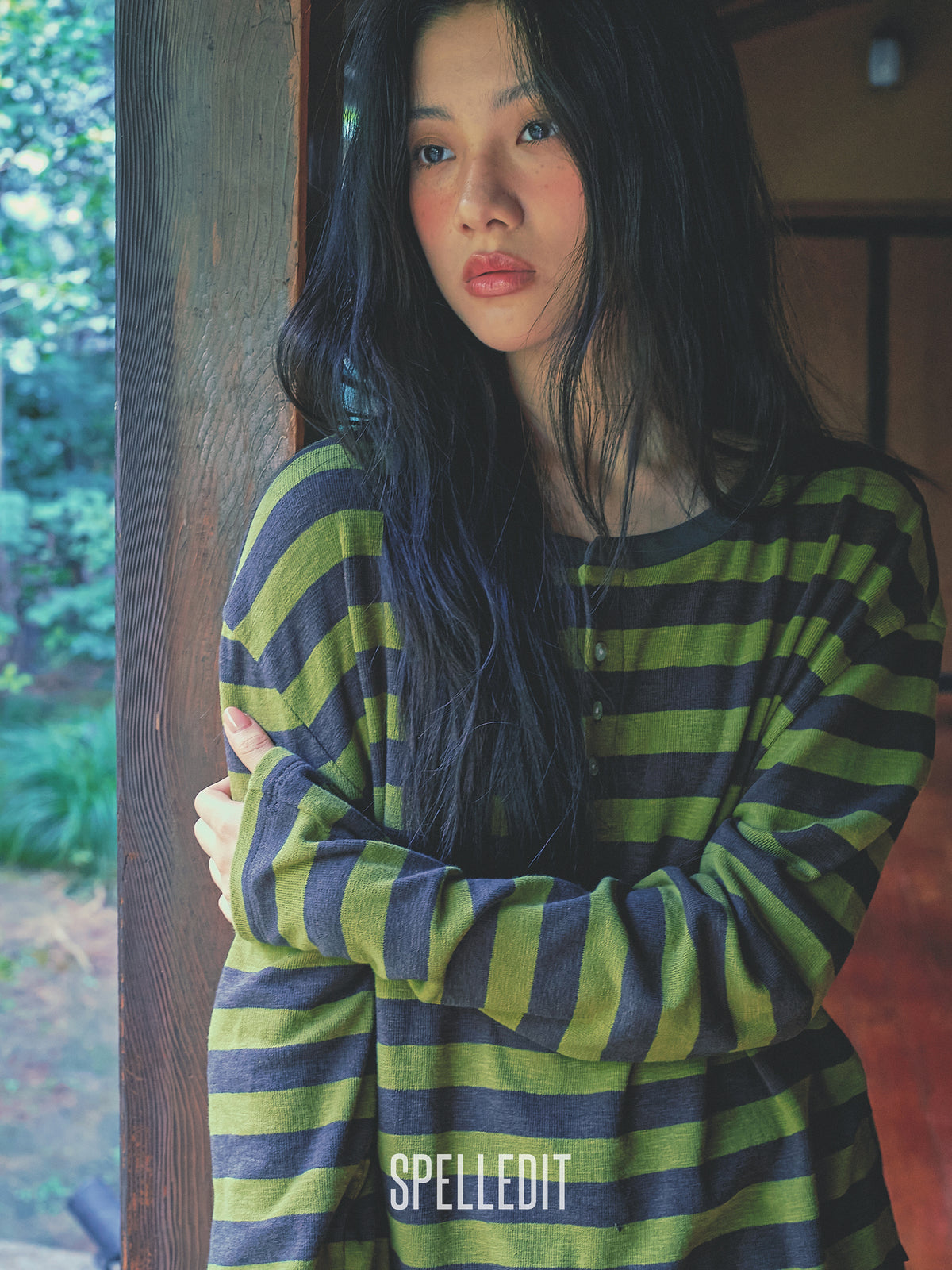 Stripe Henley neck long sleeves tee