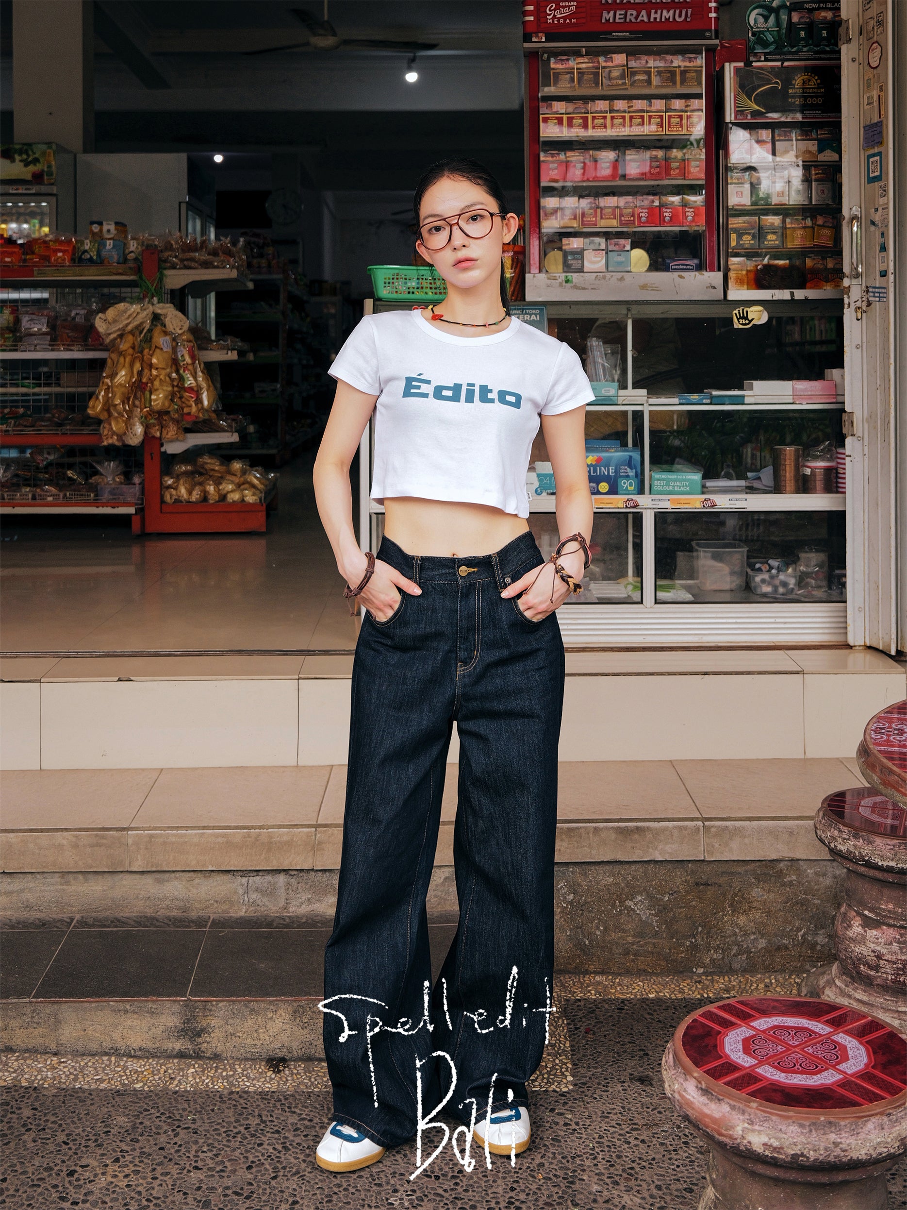 SNAP DETAIL WIDE DENIM PANTS