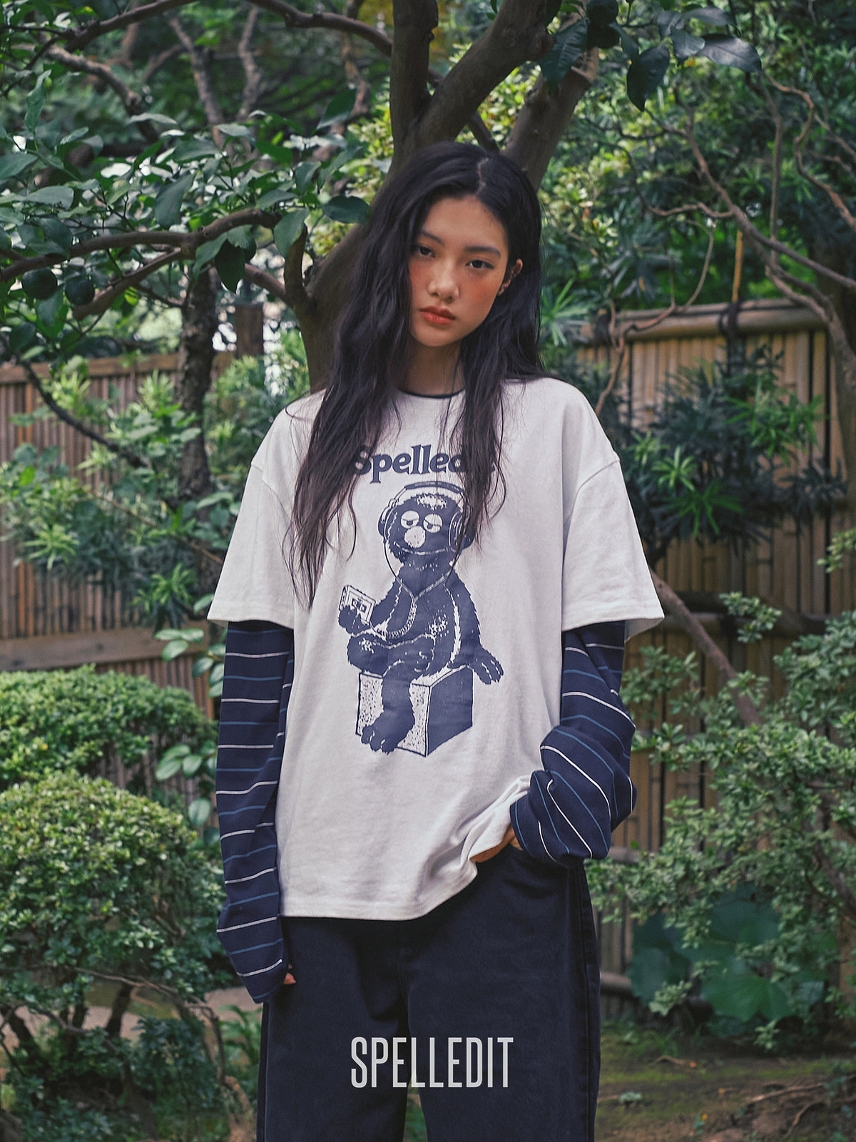 Logo embroidery striped long sleeves tee