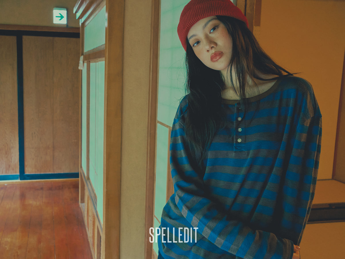 Stripe Henley neck long sleeves tee