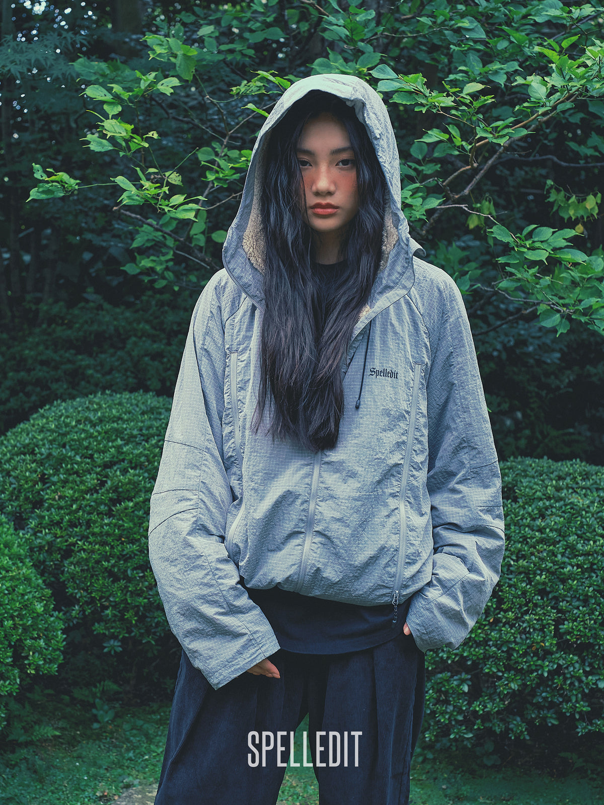 Rib Nylon Hooded Jacket