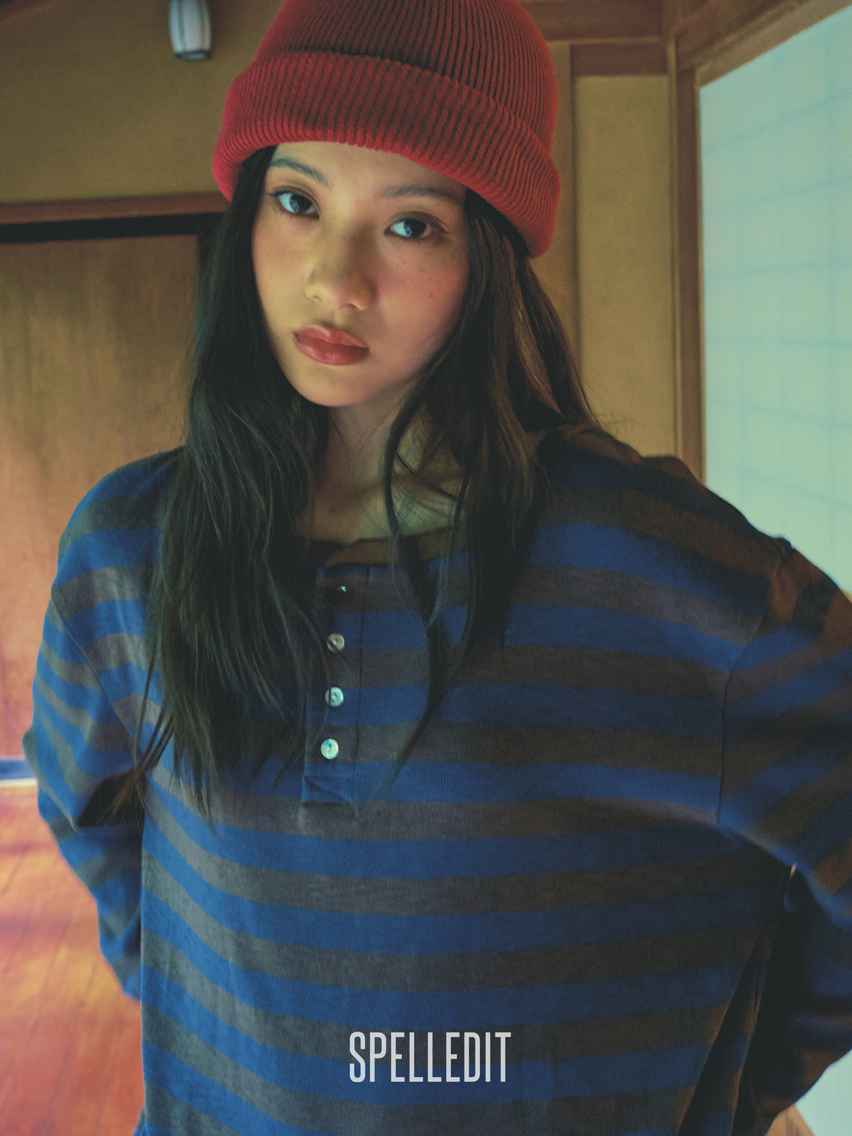 Stripe Henley neck long sleeves tee